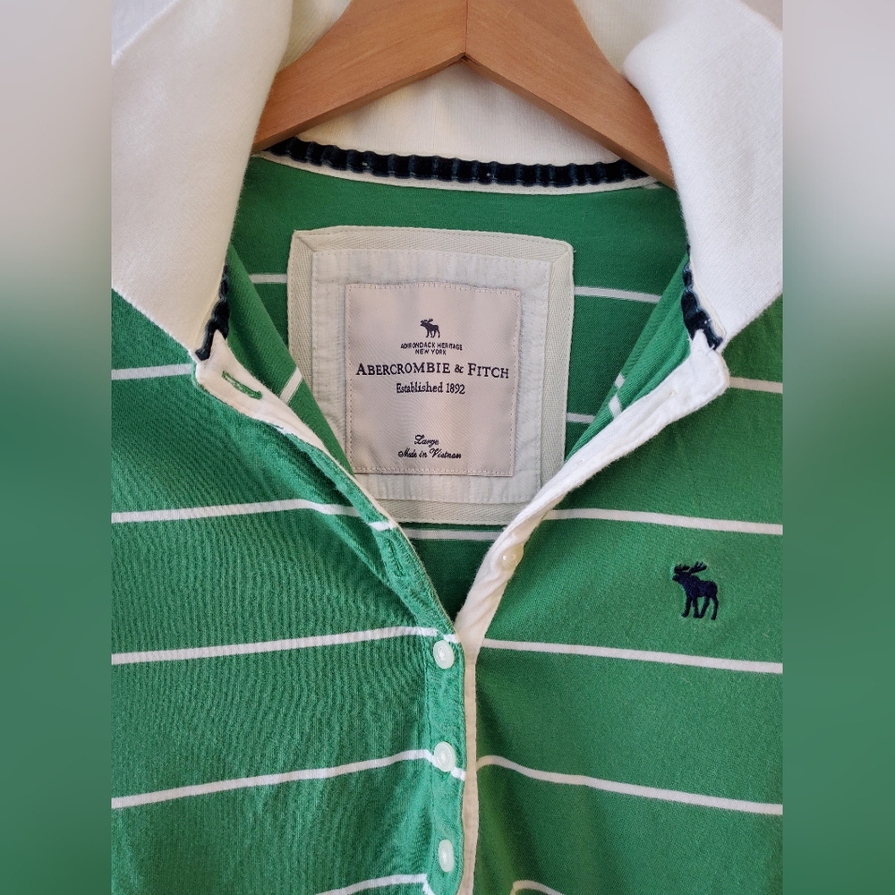 Abercrombie & Fitch Green Striped Polo Shirt Size L - Picture 2 of 4